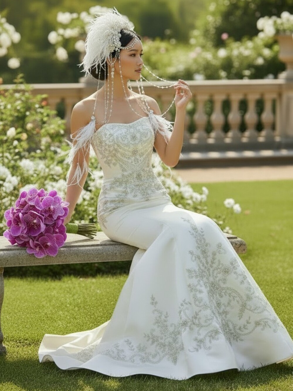Ivory/Silver Strapless Embroidered Trumpet Wedding Gown - Size 10